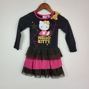 Hello Kitty Girl's Size XS 4/5 Dress Black Pink Gold Bow Tiered Long Sleeve